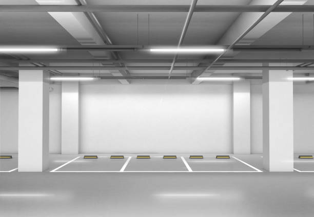 istock parking lot background. 3d render of car park with empty wall, wall graphic background. 1217060814