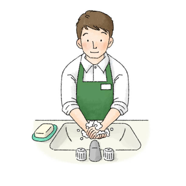 illustrations, cliparts, dessins animés et icônes de illustration d’un homme se lavant les mains (commis masculin) - sales clerk
