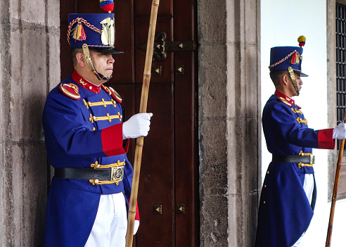 Guards on watch outside the Carondelet Palace in Independence Square is the principal and central public square of Quito, Ecuador. This is the central square of the city and one of the symbols of the executive power of the nation.