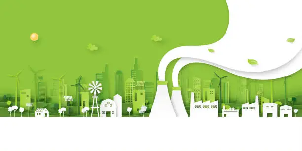 Vector illustration of Green industry and clean energy on eco friendly cityscape background.