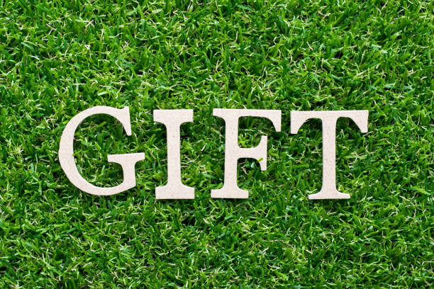istock Wood alphabet in word gift on artificial green grass background 1217065167
