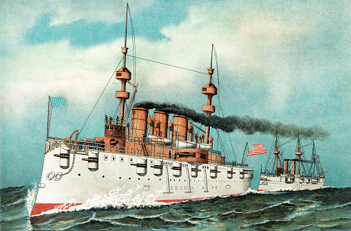 Vintage illustration features the USS New York, the second United States Navy armored cruiser built from 1890-1893 and commissioned from 1893-1938.