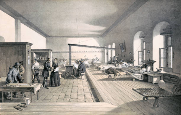 Hospital Ward during the Crimean War Vintage illustration features the interior view of a hospital ward at Scutari during the Crimean War after the arrival of Florence Nightingale in 1854. vibrio stock illustrations