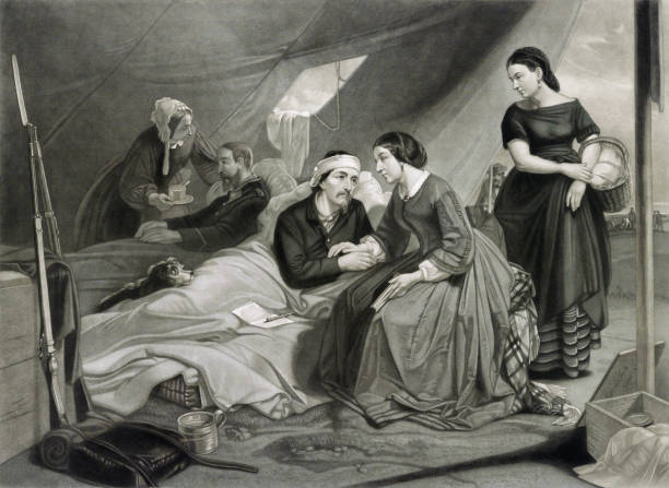 Women Tending to Wounded Soldiers Vintage image shows women attending to wounded soldiers in a large field hospital tent during the American Civi War. civil war stock illustrations