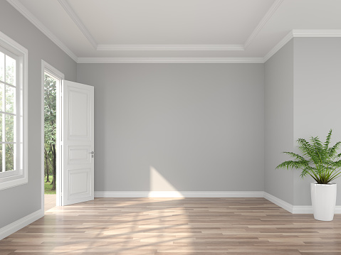 Classical style empty entrance hall 3d render,The rooms have wooden floors and gray walls ,decorate with white moulding,there are open door looking out to the balcony and nature view.