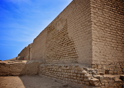 The ruins of Pachacamac (Quechua: Pachakamaq), an archaeological site 40 kilometres (25 mi) southeast of Lima, Peru in the Valley of the Lurín River. The site was first settled around A.D. 200 and was named after the \