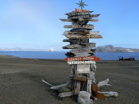 A wooden signpost on the Antarctic peninsula indicating distances to various cities and landmarks around the world.