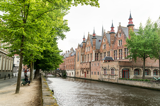 View along the canal towards Langerei in the city of Bruges in Belgium, looking north. AdobeRGB colorspace.