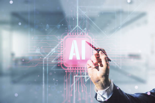 istock Man hand with pen working with creative artificial Intelligence symbol hologram on blurred office background. Double exposure 1217082840