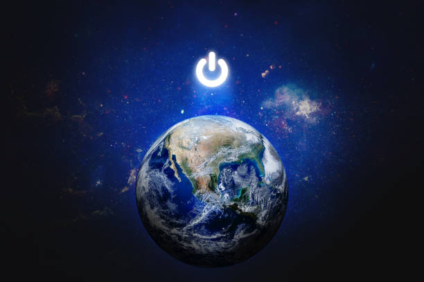 istock Blue planet earth in the space with electric power button for Earth Hour Event. 1217084008