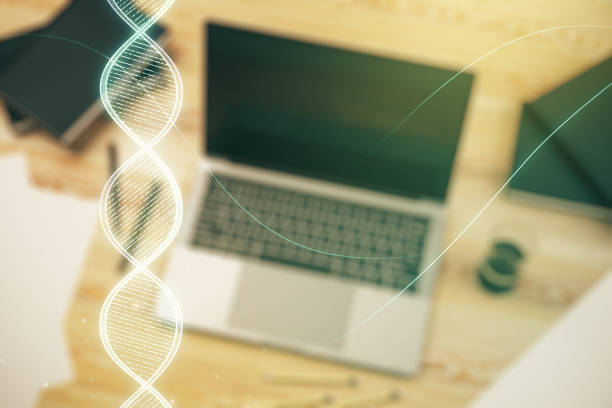 istock Creative light DNA illustration on modern computer background, science and biology concept. Multiexposure 1217084021