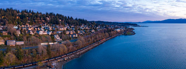 Bellingham Washington Aerial Landscape Panoramic Sunset View Looking Towards Fairhaven