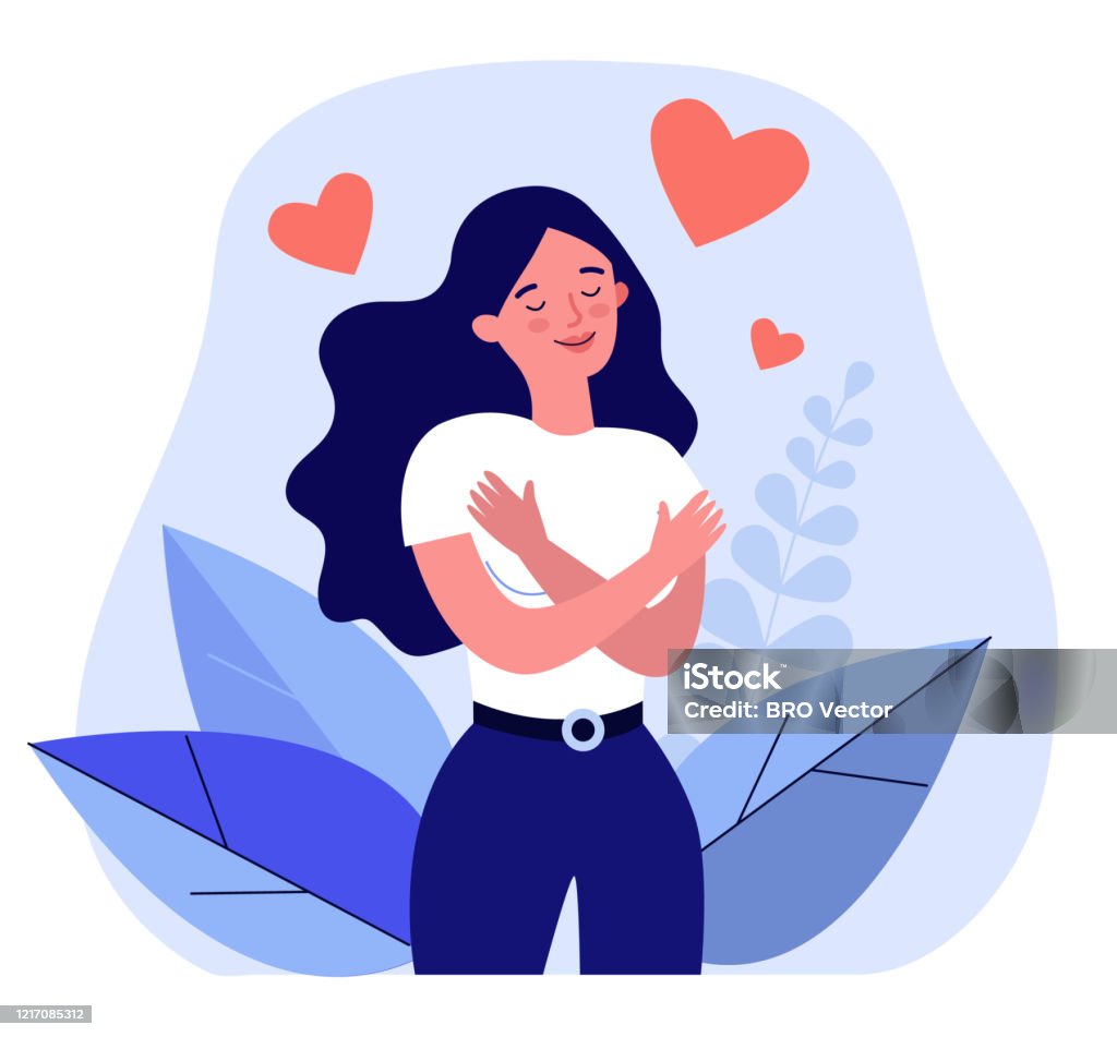 Happy woman hugging herself Happy woman hugging herself. Positive lady expressing self love and care. Vector illustration for love yourself, body positive, confidence concept Women stock vector