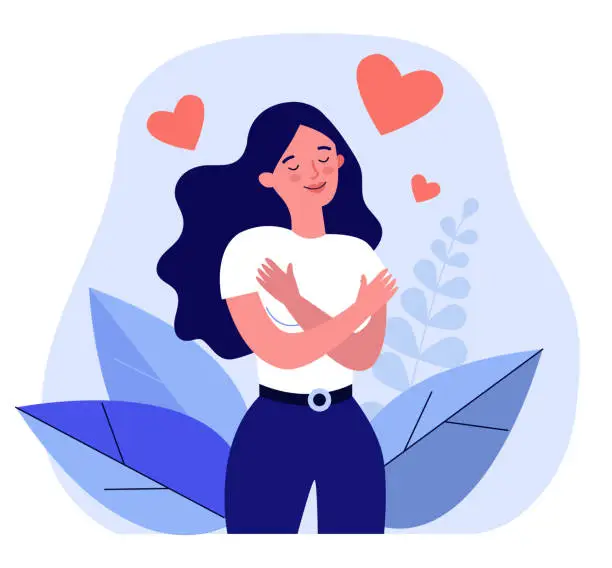 Happy woman hugging herself Happy woman hugging herself. Positive lady expressing self love and care. Vector illustration for love yourself, body positive, confidence concept Skin Health cartoon stock illustrations