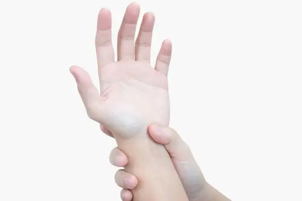 Photo of Isolated background. Wrist pain, hand grasping, wrist pain points.