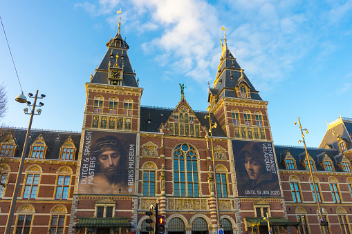 Amsterdam, Netherlands - November 29, 2019 : Rijksmuseum in beautiful morning sunrise in Amsterdam, Netherlands on November 29, 2019.