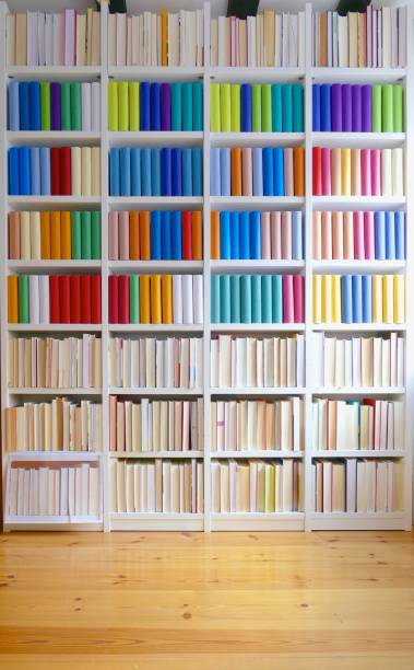 library shelves filled with generic colorful books - library book shelf generic imagens e fotografias de stock