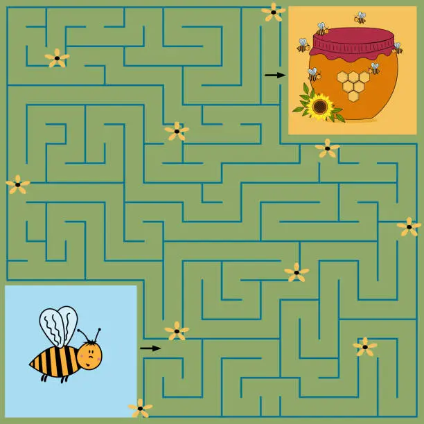 Vector illustration of Colorful maze game for children where the bee must find the way to a jar of honey, green background with flowers, vector illustration