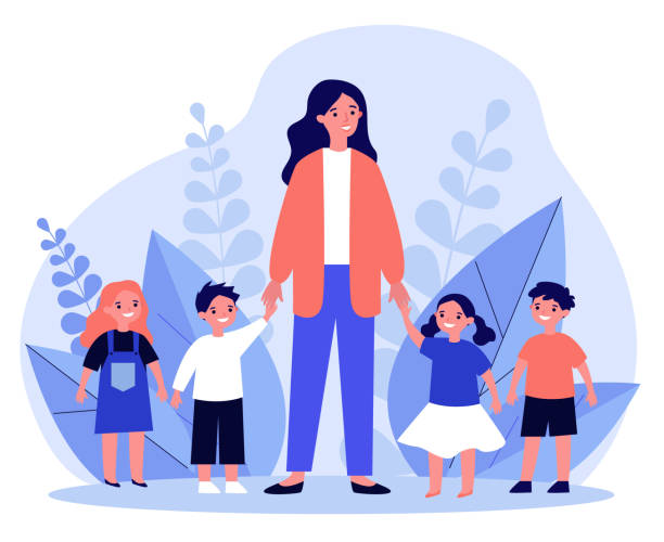 Kindergarten teacher walking with kids Kindergarten teacher walking with kids. Positive young woman leading happy kids by hands outdoors. Vector illustration for pedagogy, preschool, primary school, education concept parent guide stock illustrations
