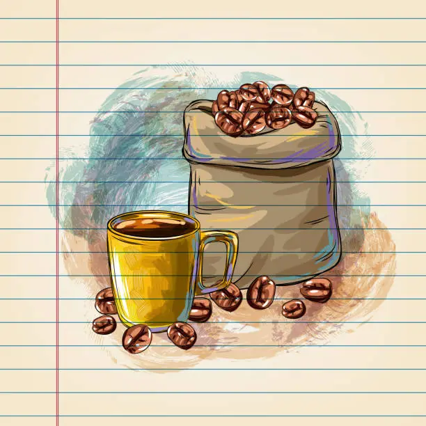 Vector illustration of Coffee Mug and Coffee Beans Lunch Drawing on Ruled Paper