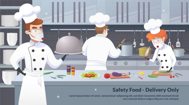 ilustrações de stock, clip art, desenhos animados e ícones de banner illustration safety food - delivery only - chef commercial kitchen cooking silhouette