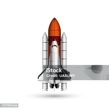 istock Space shuttle and rocket realistic vector 3d model mockup isolated on white, space mission spaceship getting ready to launch 1217092456