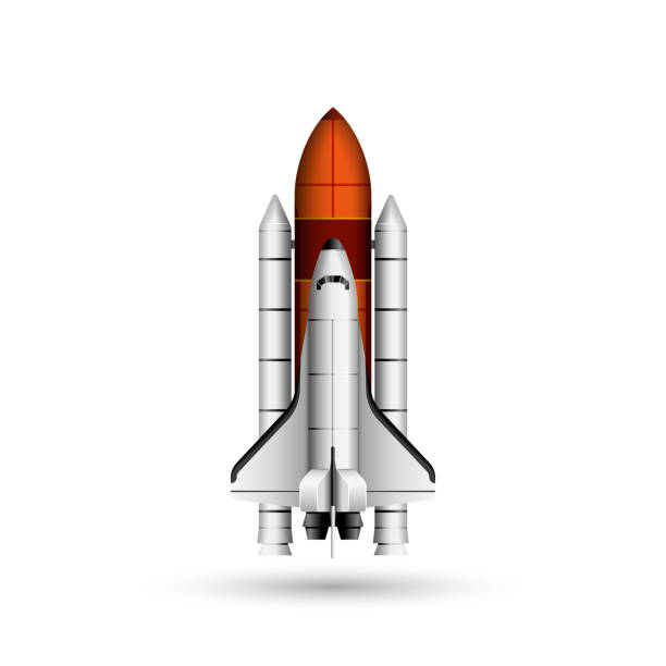 Space shuttle and rocket realistic vector 3d model mockup isolated on white, space mission spaceship getting ready to launch Space shuttle and rocket realistic vector 3d model mockup isolated on white, space mission spaceship getting ready to launch rocketship clipart stock illustrations
