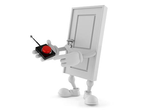 Door character pushing button on white background. 3d illustration