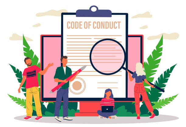 Business people studying code of conduct paper Business people studying code of conduct paper vector illustration. Office people working on company ethical integrity document on laptop screen. Code of business ethics and values code of ethics stock illustrations