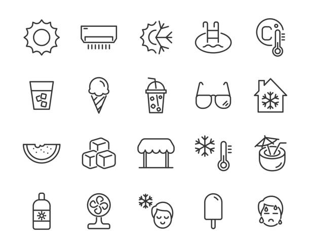 set of summer icons, hot, ice, drinks, set of summer icons, hot, ice, drinks, ice symbols stock illustrations