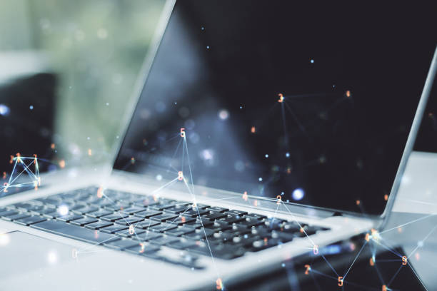 istock Creative concept of wireless technology on modern laptop background. Big data and database concept. Multiexposure 1217094783