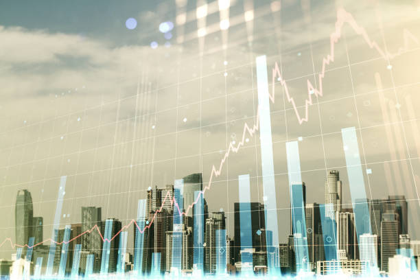 istock Abstract virtual financial graph hologram on Los Angeles skyline background, forex and investment concept. Multiexposure 1217094818