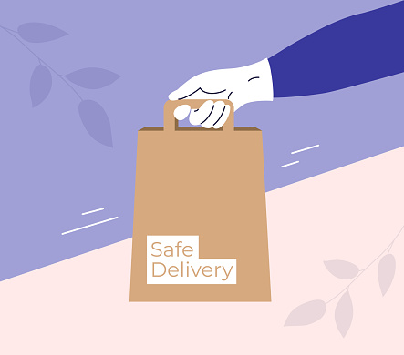 Safe delivery concept with bag in courier hand