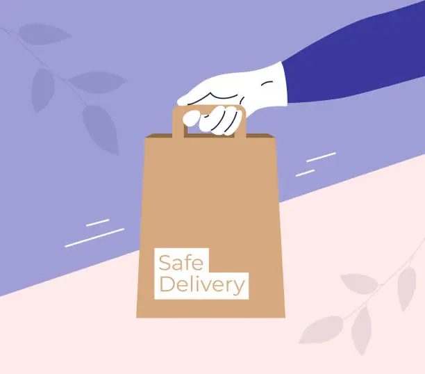 Vector illustration of Safe delivery concept with bag in courier hand