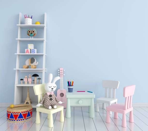 istock Table and chair in blue child room for mockup, 3D rendering 1217095098
