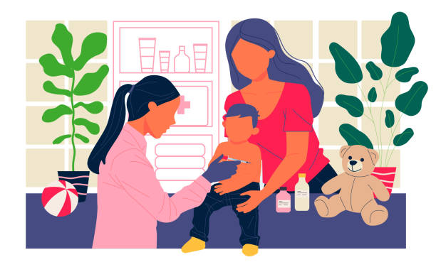 Positive pediatrician vaccinating cute child Positive pediatrician vaccinating cute child in medical office. Kid doctor making injection of vaccine to toddler boy. Vector illustration for immunity health, disease prevention, inoculation concept flu shot happy stock illustrations