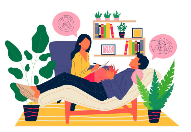 심리학자 벡터 일러스트와 환자 상담 - psychiatrists couch stock illustrations