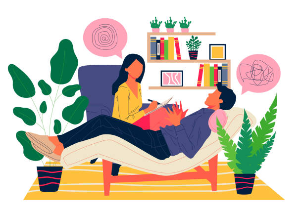 ilustrações, clipart, desenhos animados e ícones de aconselhamento do paciente com ilustração vetorial psicóloga - psychiatrists couch
