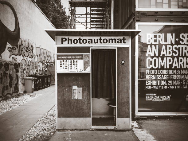 Berlin/Germany - April 22, 2014 : Vintage Photoautomat photo boot. Black and white photography