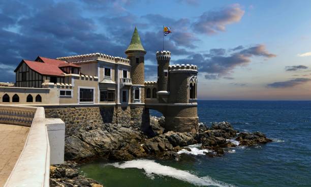Wulff Castle in Viña del Mar, Chile Viña del Mar, Chile, December 12, 2018: View of the Castillo Wulff, a historic castle overlooking the sea. It was built in 1906 for the family of German saltpeter and coal trader Gustavo Adolfo Wulff Mowle migrated to Chile in 1881. vina del mar chile stock pictures, royalty-free photos & images