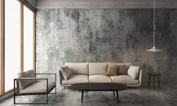 istock Living roon with concrete wall & floor,loft interior design. 3D illustration 1217100221