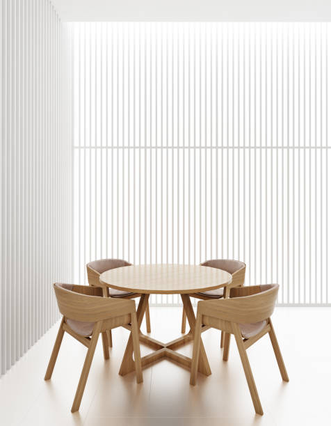 istock Interior of dining room in white tone decorate by white vertical wood panel. 3D illustration 1217100229