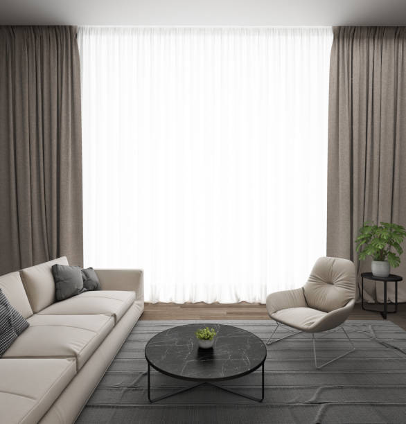 istock Living roon with sofa,table,pillows,curtains interior design. 3D illustration 1217100231