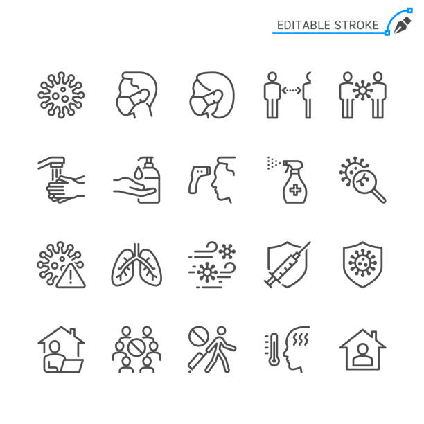 ikony linii zapobiegania przeziębieniu i grypie. edytowalne obrys. piksel idealny. - zestaw ikon ilustracje stock illustrations