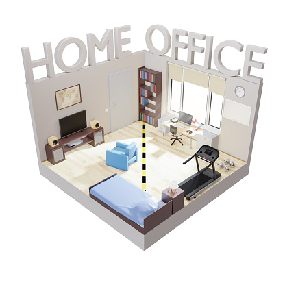 Home office concept Izometric illustration. Living room divided into bedroom and office. Freelancer Workplace Interior. 3D render Illustration