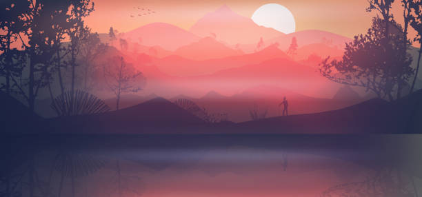 wald in den bergen im morgengrauen - forrest lake lichtstimmung nebel stock-grafiken, -clipart, -cartoons und -symbole
