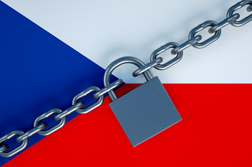 3d rendering of Padlock and Chain on Czech Flag. Quarantine, Virus Risk Concept.