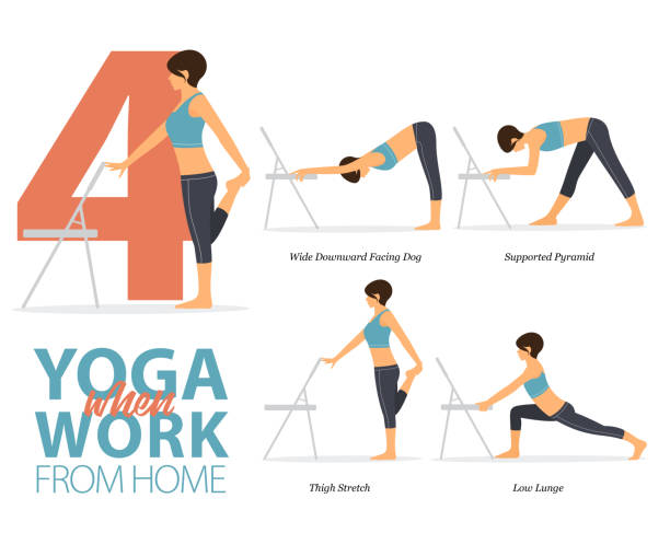 illustrazioni stock, clip art, cartoni animati e icone di tendenza di infografica di 4 pose yoga per la sindrome dell'ufficio quando si lavora da casa in design piatto. la donna di bellezza sta facendo esercizio fisico per la forza sulla sedia da ufficio. set di posture yoga infografica . vettore - exercising sport cartoon male