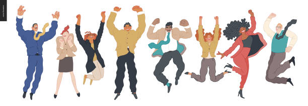 Happy business man and woman jumping in the air cheerfully Happy business employees - group of men and women jumping in the air cheerfully. Modern flat vector concept illustration of a happy jumping office workers. Feeling and emotion concept. business party stock illustrations