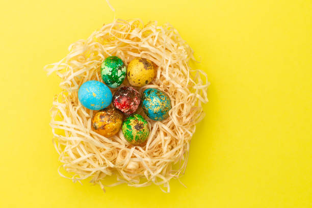 istock Painted easter eggs lie in a nest of shavings 1217106041